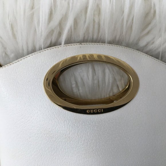 Gucci Metal Handle Embossed Leather Handbag Bucket White Vtg DISTRESSED Inside - Picture 4 of 13